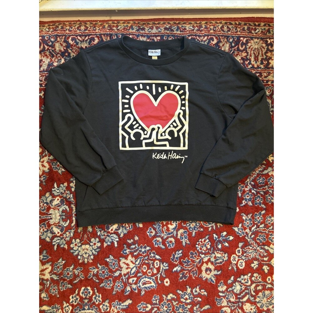 Keith Haring Heart Graphic Sweatshirt Black Crewneck Pullover Medium Art Pop